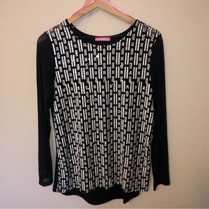 𝅺ISAAC Mizrahi Black/White Semi Sheer Long Sleeve Sequin Top Sz m